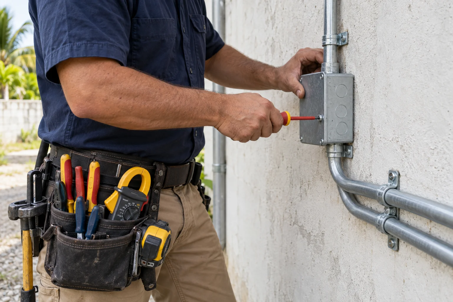 Electrical installation work at a concrete wall