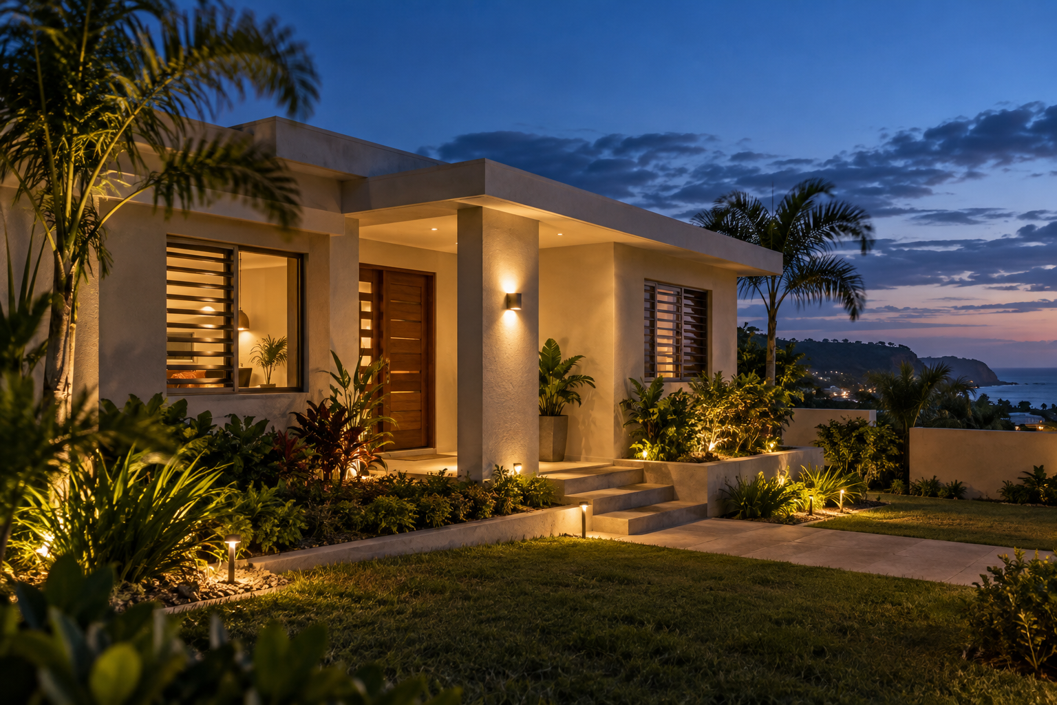Casa de concreto en Puerto Rico con iluminación exterior cálida