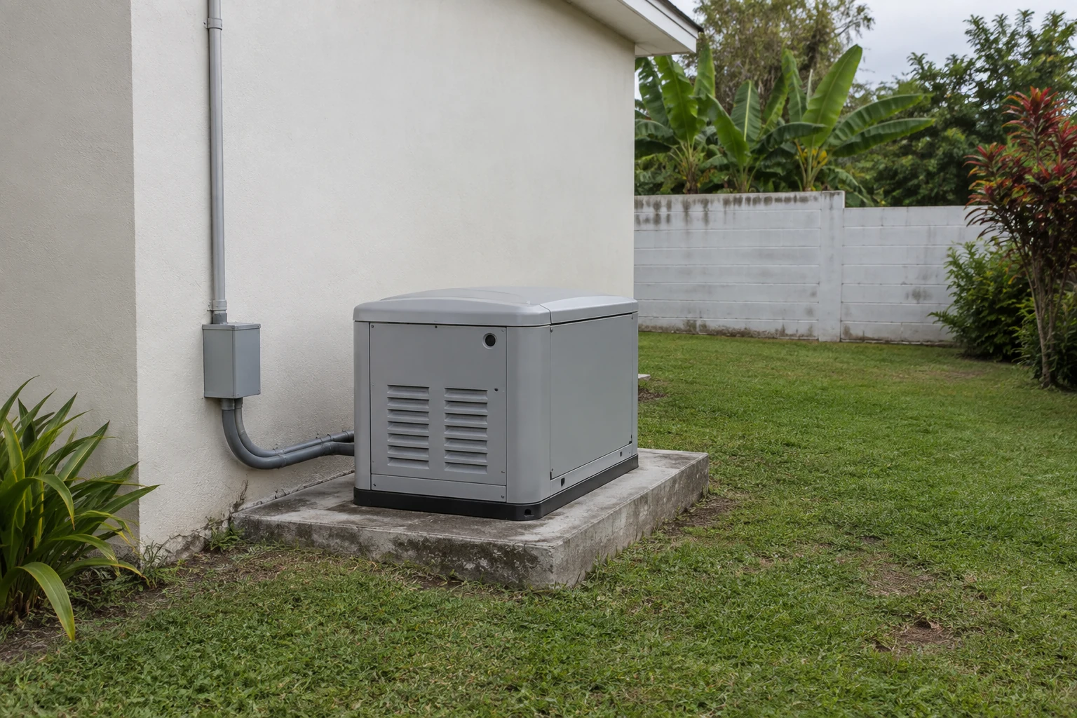 A standby generator beside a Puerto Rican concrete home